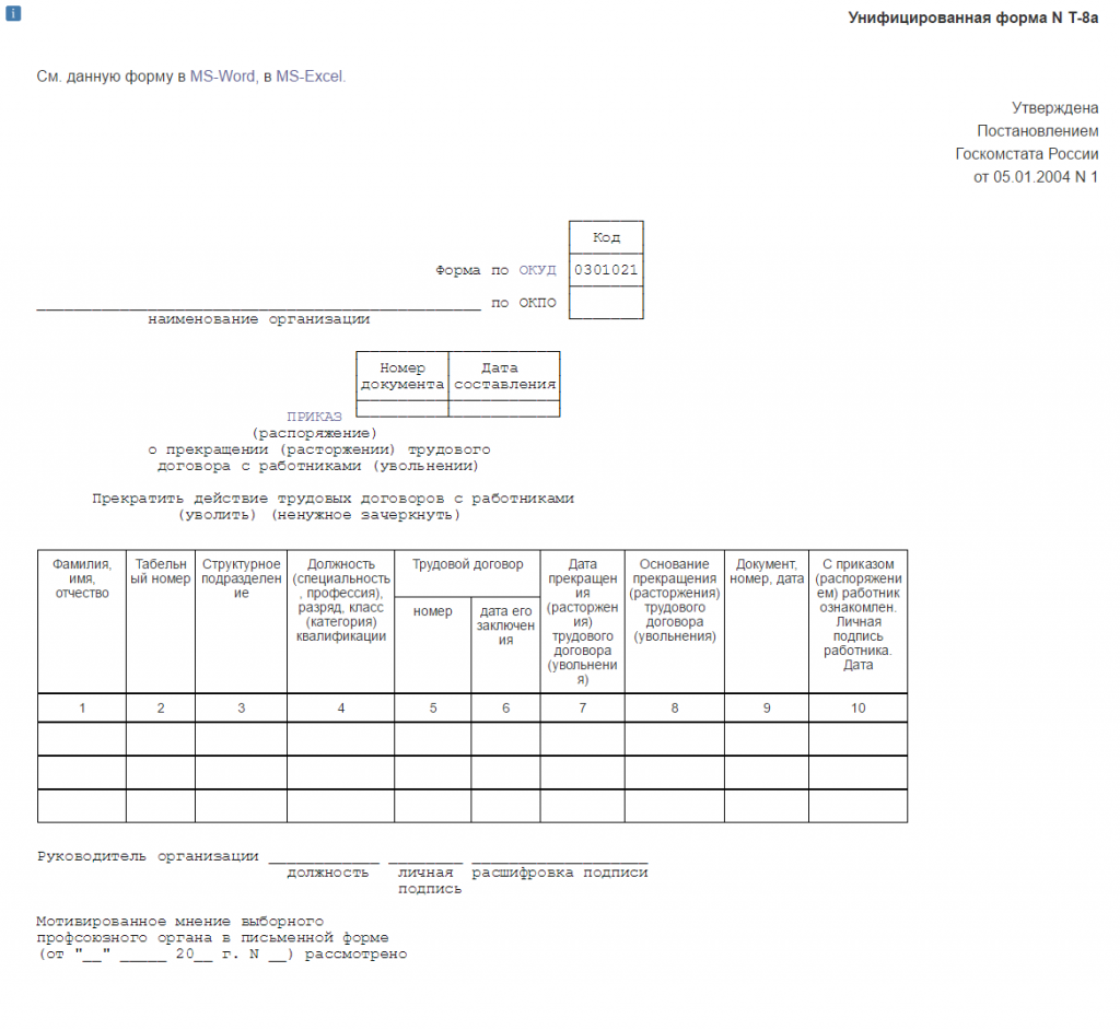 Приказ об увольнении: образец Т8 и правила оформления